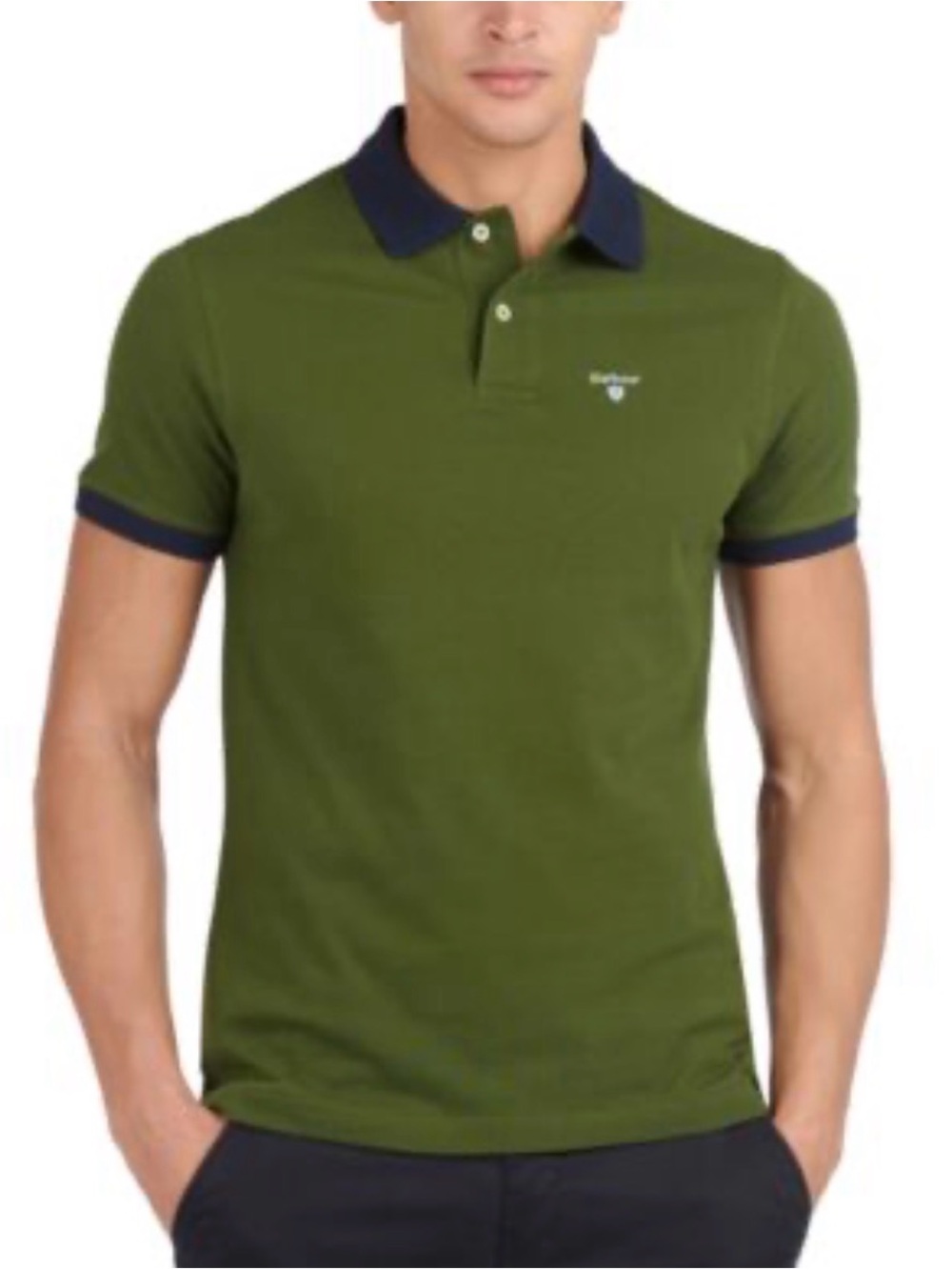 Barbour Lynton Green Navy Blue Contrast-Trim Cotton Polo Size M